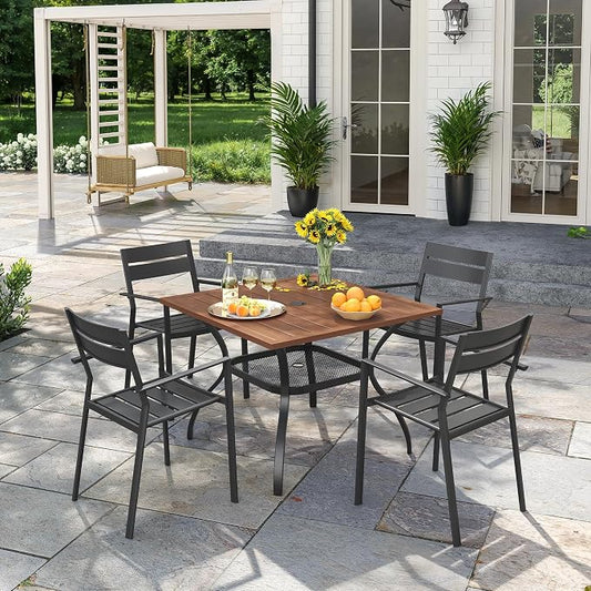 VICLLAX Patio 5 Pieces Outdoor Dining Set for 4, Wrought Iron Metal Outdoor Table and Chairs Set, 38" Square Table with Umbrella Hole and 4 Stackable Chairs for Lawn, Garden, Porch, Walnut/Black