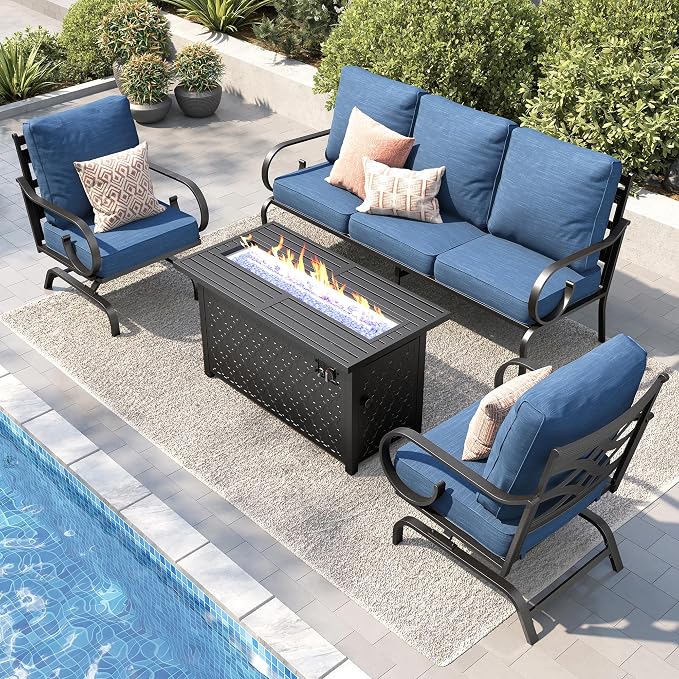PHI VILLA Patio Furniture Set, 3-Seater Sofa, 2 Rocking Chairs and a 45" Fire Pit Table, Outdoor Metal Conversation Set with 5.75" Extra Thick Cushion for Garden Backyard Deck, Navy