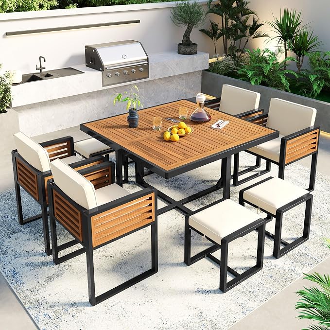 9-Piece Outdoor Patio Acacia Wood Dining Table Set, Square Table with 4 Cushioned Chairs& 4 Stools, All-Weather Resistant Conversation Set with Metal Frame, Space-Saving Design for 8 (Beige-1.8)