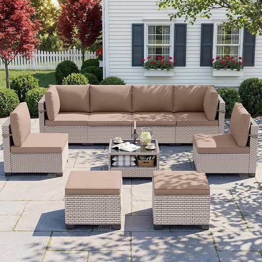 Patio Furniture Set, 9-Piece Outdoor Sectional Sofa with Ottomans & 2-Layer Glass Coffee Table, Wicker Patio Conversation Set with Khaki Cushions for Poolside