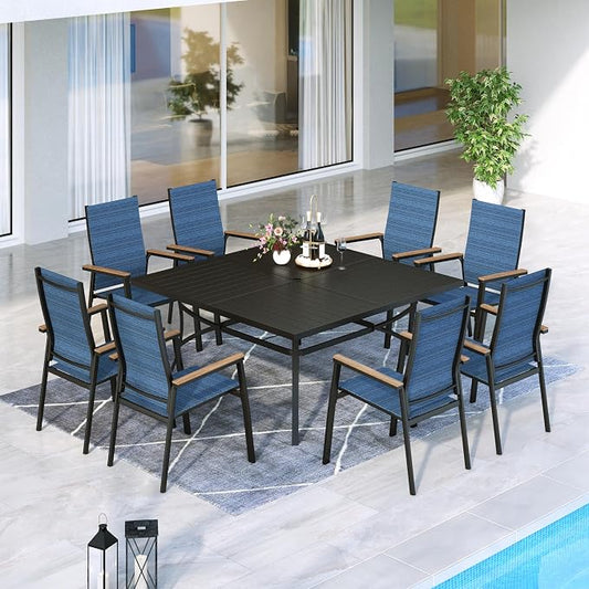 MFSTUDIO 9 Piece Outdoor Dining Set, Metal Table & Aluminum Chairs, Blue | Stackbale chairs, Light-weight & space-saving, Square Table, Umbrella Hole, Patio deck, 8 person