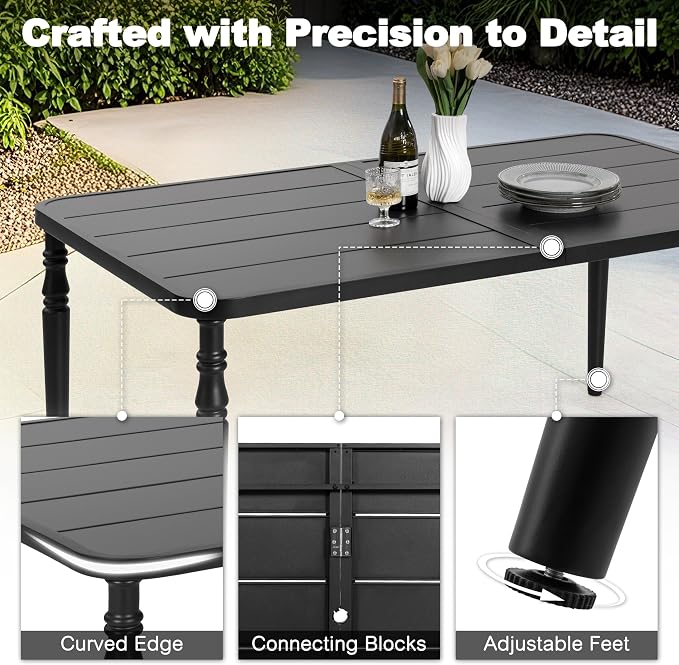 NUU GARDEN 7 Piece Patio Dining Set for 6 with Swivel Chairs | 61" x 37" table with umbrella hole and 6 breathable Textilene swivel chairs featuring ergonomic high backs.