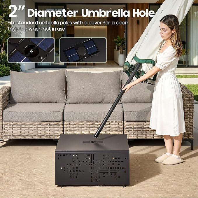 27" Outdoor Coffee Table with Solar Ambient Light & Umbrella Hole, All-Weather Rust-Resistant Metal Patio Table for Backyard Gatherings, Poolside, Small Balconies & Outdoor Living Spaces, Black