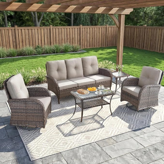 5 Piece Patio Furniture Set - Wicker Patio Conversation Set with Swivel Glider, 3 Seat Sofa, Tempered Glass Side Table and Coffee Table for Deck Backyard - Brown Wicker Beige Cushion