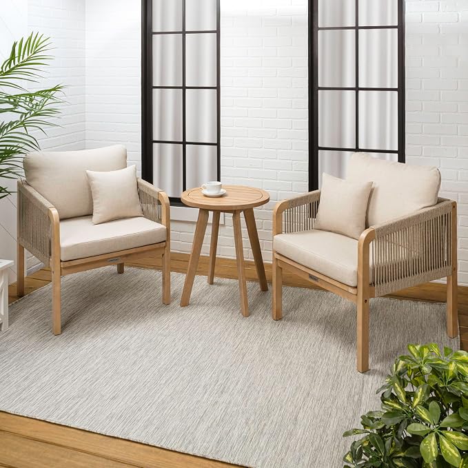 JONATHAN Y Aveiro Coastal 3-Piece Acacia Wood Outdoor Patio Conversation Set, Rope Woven Armchairs with Cushions and Round Side Table for Backyard, Porch, Garden, Light Teak/Beige LVG1204A-3SET