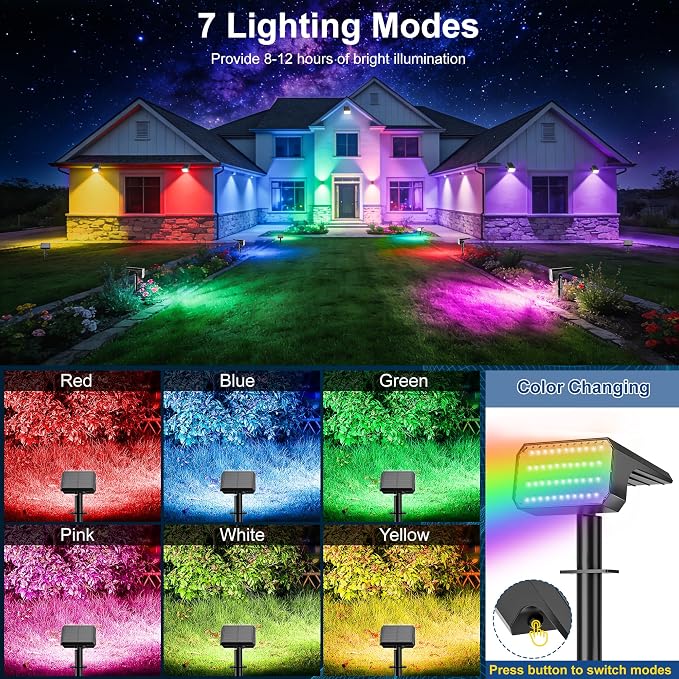 LANSOW Solar Spot Lights Outdoor Color Changing, 2 Pack/7 Modes Waterproof Solar Christmas Landscape Spotlights, LED Solar Powered Flood Lights for Yard Garden Pathway Outside Halloween, Auto ON/Off