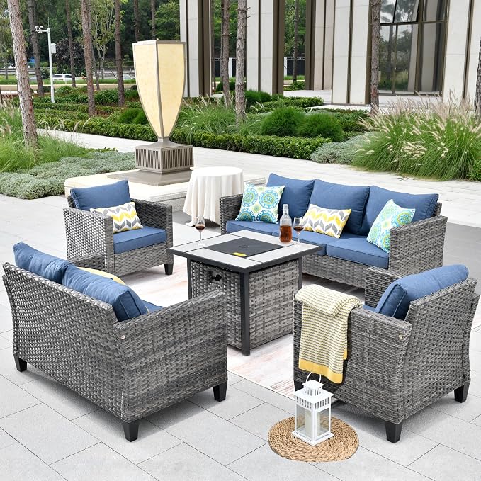 ovios 5 Pieces Patio Furniture Set, Outdoor Wicker Rattan Sofa Couch with 30" Fire Pit Table, Loveseat Chairs, Conversation Sets for Yard Porch Garden, Denim Blue
