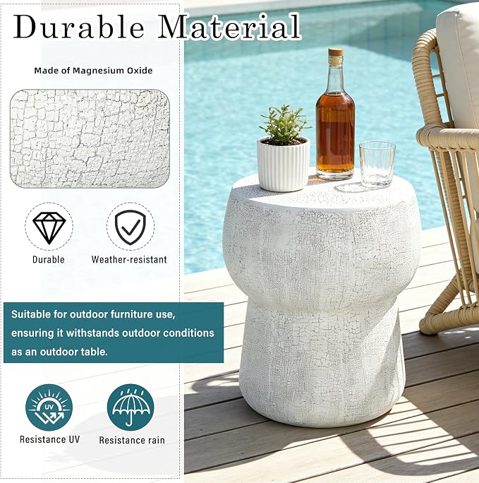 Modern Outdoor Side Table Round Concrete Side Tables with Faux Stone Crack Finish, MGO Patio End Table for Living Room Garden Balcony,Fully Assembled, Grey
