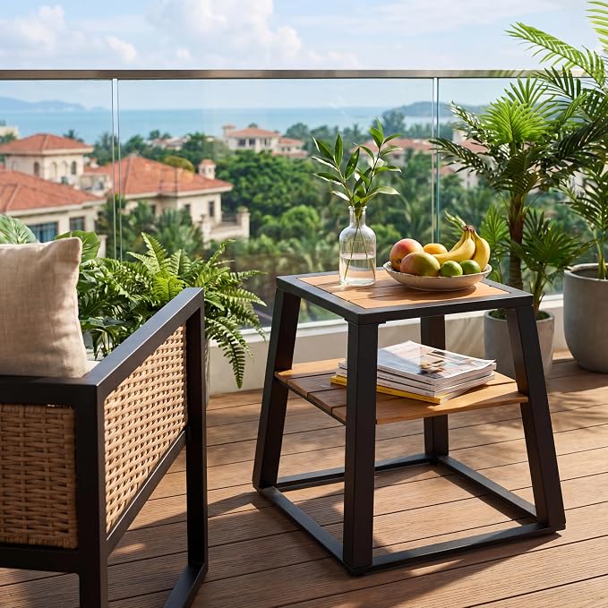 Outdoor Side Table, 2-Tier Acacia Wood End Table with White Iron Frame, Weather-Resistant Patio Side Table with Storage Shelf, Teak Finish, 30 lbs Capacity, Black