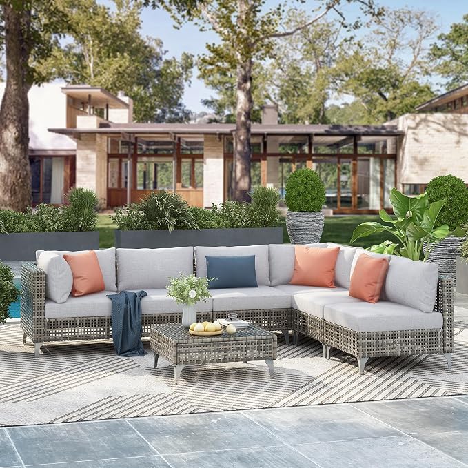 7-piece Wicker Patio Furniture Set, Outdoor Conversation Set Sectional Sofa with Water Resistant Grey Thick Cushions and Coffee Table for Outdoor Couch, Porch, Backyard - Grey