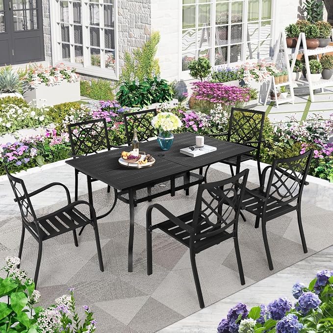 7 Piece Outdoor Patio Dining Set, Metal Patio Furniture Set Outdoor Rectangular Slatted Dining Table with Umbrella Holes & 6 Stackable Backyard Garden Chairs