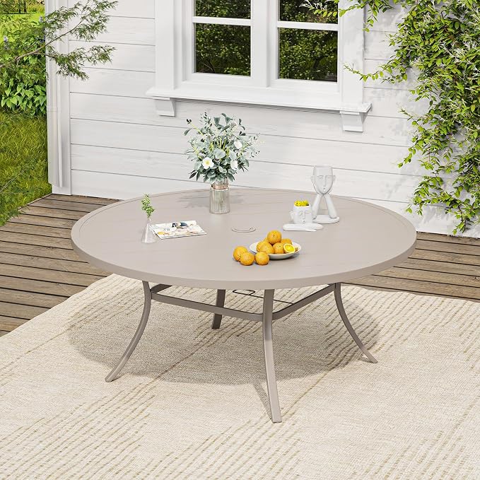 VICLLAX 60" Round Patio Table, Outdoor Dining Table for 8-10 with Umbrella Hole for Garden Lawn Deck Backyard, Sandshell