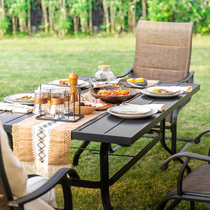 NUU GARDEN 7 Piece Outdoor Patio Dining Set for 6, 61" Rectangular Dining Table with Umbrella Hole and 6 All-Weather Padded Textilene Chairs, Brown and Black