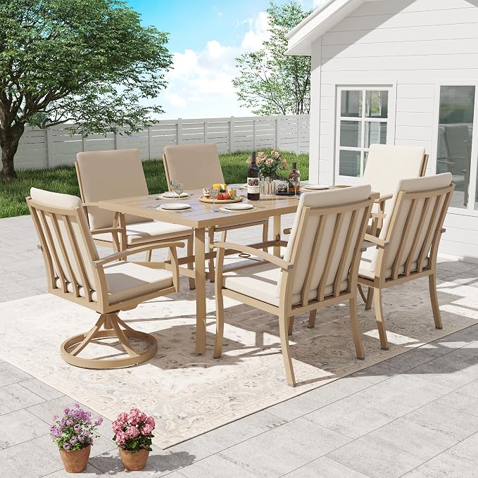 HAPPATIO Outdoor Dining Table for 6, Aluminum Rectangle Outdoor Dining Table with Umbrella Hole, All-Weather Aluminum Patio Dining Table for Garden Yard Poolside, Only Table, Beige