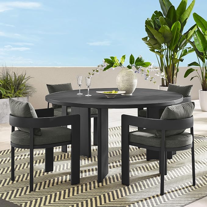 Modway Tahoe Outdoor Patio Powder-Coated Aluminum 5-Piece Dining Set in Gray Charcoal - Round Patio Furniture Set for 4 - Outside Table with Umbrella Hole and Cushioned Chairs - Modern Patio Set