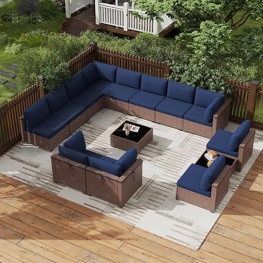 KIGOTY 14-Piece Patio Furniture Set, All-Weather PE Rattan Outdoor Sectional Sofa, Modular Wicker Conversation Set with Thick Cushions & Easy-Clean Coffee Table（Brown/Navy）