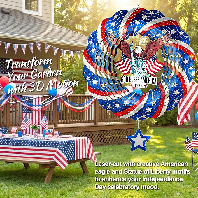 250th USA Anniversary 12 Inch Wind Spinner Patriotic Decoration | Patriotic Outdoor Garden Decor with Statue of Liberty Design, Stainless Steel Yard Art for Outdoor & Indoor, Gift for Men