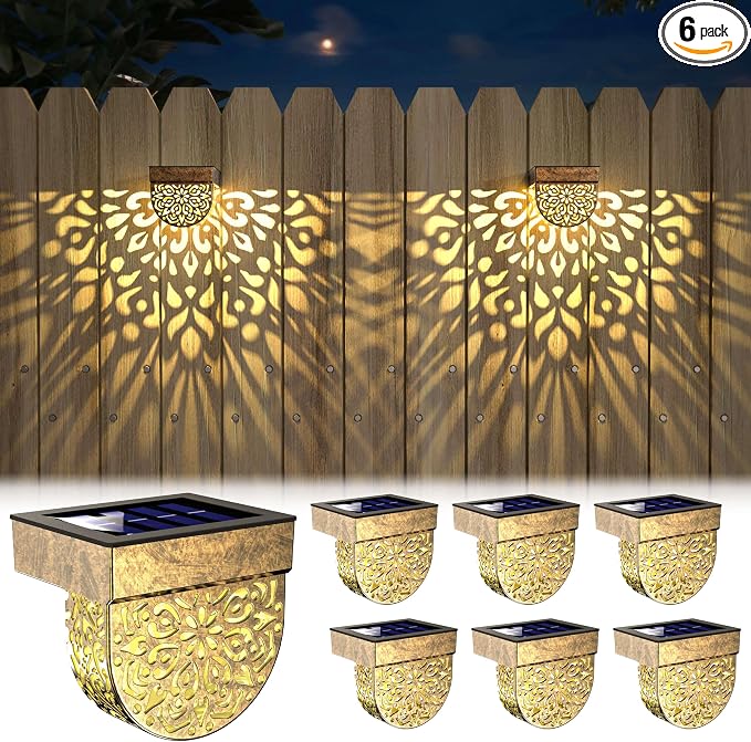Solar Fence Lights 6 Pack Solar Step Lights Outdoor Waterproof LED Solar Powered Wall Lights Outdoor Decorations Warm Yellow Light Decorative Lighting for, Front Door, Backyard (Gold)