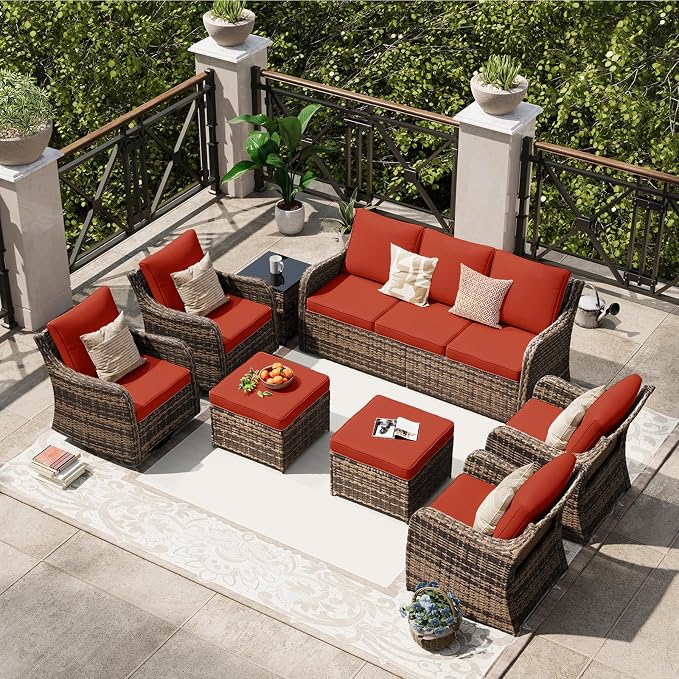 MEISSALIVVE 8 Pieces Patio Furniture Set with Swivel Chair, Wicker Patio Sofa, Rattan Conversation Set with Three-seat Sofa, 2 Fixed Single Chairt for Lawn Backyard (Red)