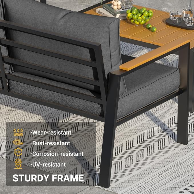 UDPATIO Metal Outdoor Patio Furniture Set, Modern Outdoor Conversation Sets w/Coffee Table, Outside Furniture with Thick, Washable and High-Resiliency Sponge Cushions, Deep Grey, 4 PCS