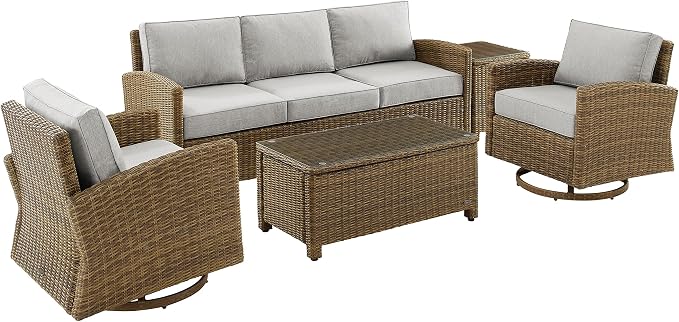 Crosley Furniture Bradenton 5-Piece Wicker Outdoor Sofa and Swivel Rocker Patio Furniture Set for Porch, Brown with Gray Cushions