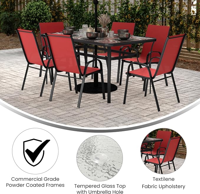 Merrick Lane Bardwell 7-Piece Outdoor Dining Table Set for 6, Glass Top Table with Hole for Umbrella, 6 Breathable Textilene Stackable Patio Chairs, Red/Black