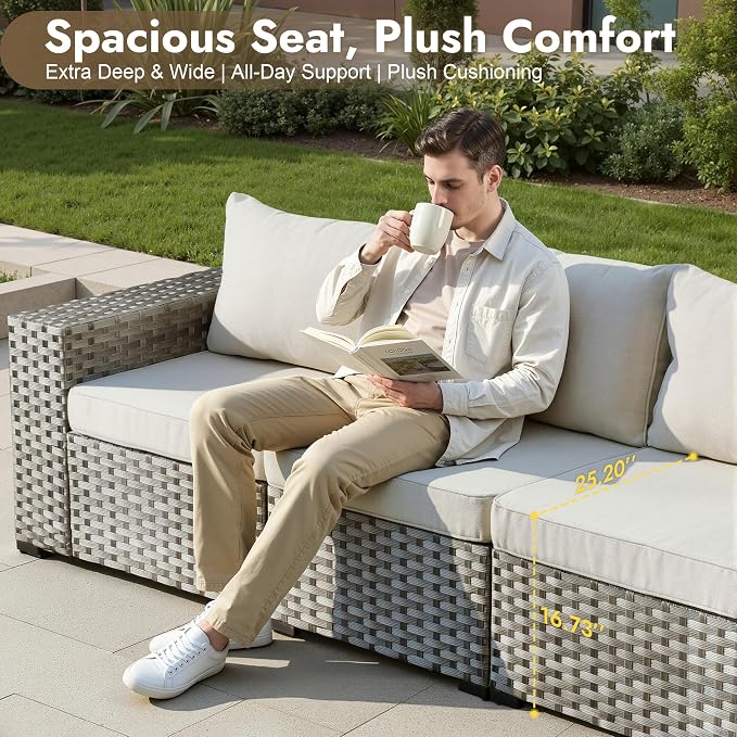 10 Pieces Outdoor Patio Sectional, Wicker Patio Furniture Set with 42 inch Fire Pit Table, All-Weather L Shaped Patio Conversation Set with Swivel Chairs, for Backyard Porch Yard,Beige