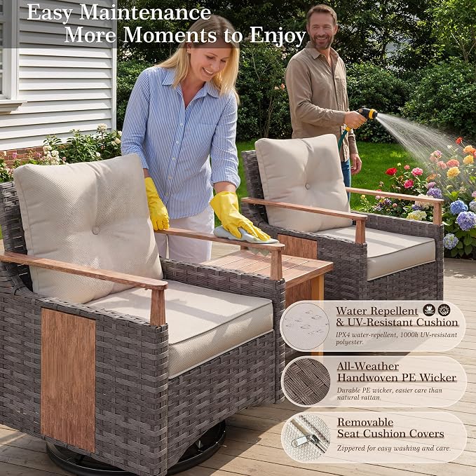 NestNook 3 Pieces Patio Furniture Set, Outdoor Bistro Set, 2 Swivel Glider Chairs with Modern Side Table, All-Weather Handwoven PE Wicker Seating and Thick Cushion for Balcony, Bistro & Porch, Beige