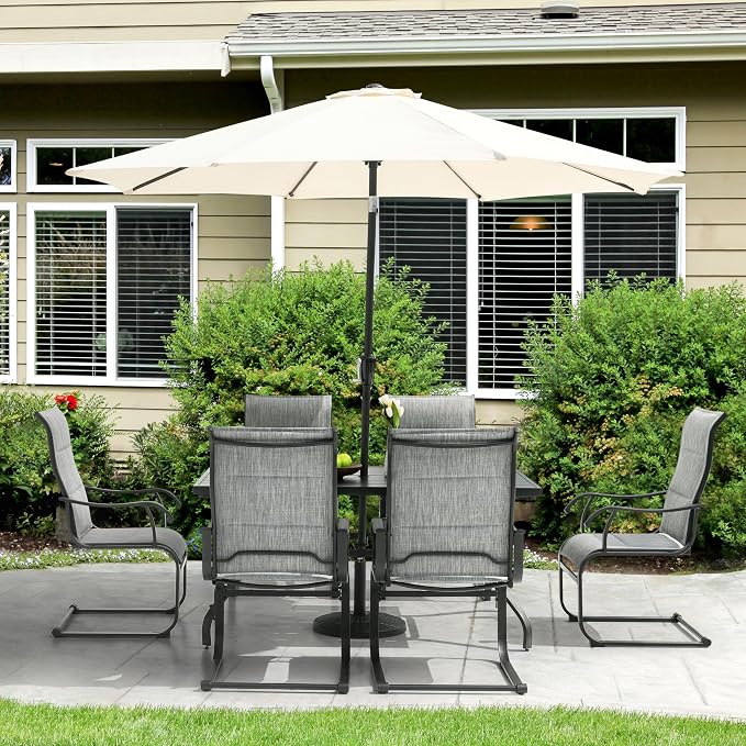NUU GARDEN 7-Piece Outdoor Dining Set, 61" Rectangular Table with Umbrella Hole & 6 All-Weather Textilene Padded Chairs, for Patio Garden, Light Grey and Black