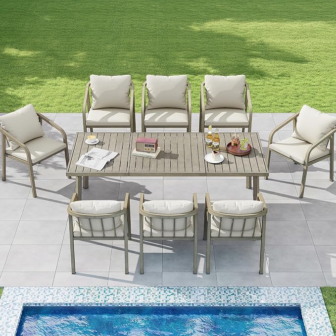 Outdoor Dining Set,7-Piece Patio Dining Table Set for 6 with Rectangular Table & 6 Thick Cushion Sofa Chair, Aluminum All-Weather Patio Furniture Set for Backyard, Garden and Poolside (Grey)