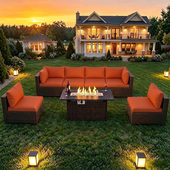 LAFWELL 8-Piece Wicker Patio Conversation Set with 44" Propane Fire Pit Table, Cozy Outdoor Sectional Sofa for Backyard Gatherings, Poolside Lounging & Garden Parties