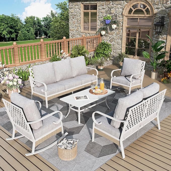 MIXPATIO 5 Piece Patio Furniture Set, 2 x Rocking Chair, 1 x 2-Seat Sofa, 1 x 3-Seat Sofa with Marbling Coffee Table, 7 Seats Outdoor Conversation Set for Lawn Garden Backyard, Light Gray