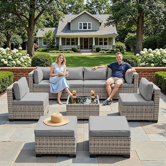 9-Piece Patio Furniture Set, Outdoor Sectional with Ottomans, Modular Patio Sofa, Dual-Strand Wicker Rattan, Rust-Resistant Frame, Backyard Furniture for Garden, Deck, Gray
