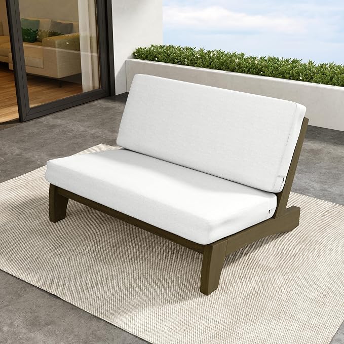Outdoor Furniture Patio Couch, Weather Resistant Patio Loveseat Sofa Couch with Removable Cushion, Teak Wood Frame for Porch & Backyard Seating - Beige