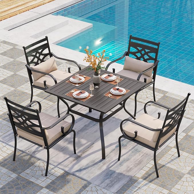 PHI VILLA Patio Dining Set, Square Metal Table | Metal chairs, Beige, Umbrella Hole, Cushions, E-coated