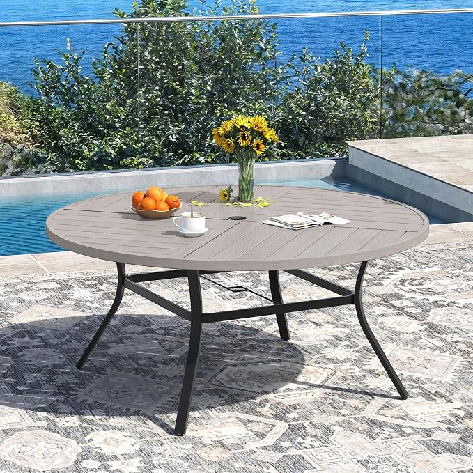 DIFY Patio Table and Chairs Set for 8, 9 Piece Outdoor Dining Set, 59.8" Grey Wood-Like Round Metal Dining Table with Umbrella Hole and 8 Grey Textilene Swivel Patio Chairs, for Garden Backyard Deck