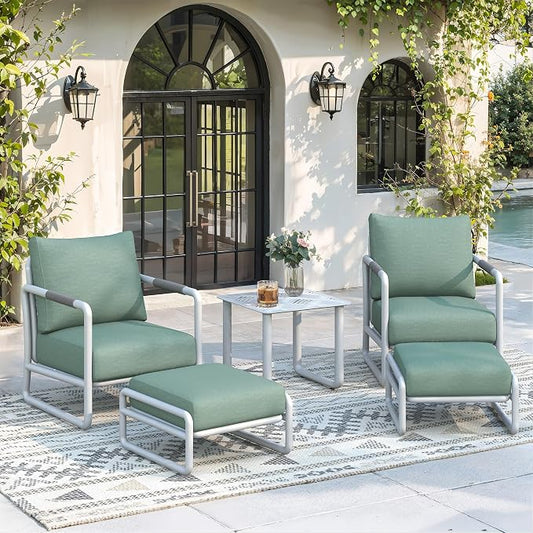 Outdoor Aluminum Patio Furniture Set, 5 Pieces Conversation Set with 6.5 Inch Cushions & 2 Ottomans, All-Weather Rust-Resistant Frame Conversation Set for Porch, Garden, Backyard, White