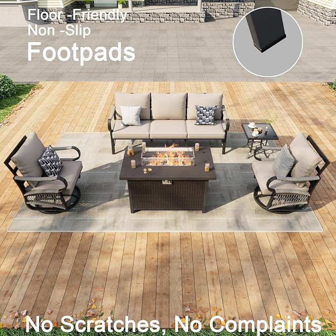 5 Pieces Patio Furniture Set, Metal Outdoor Conversation Sets with Fire Pit Table and Swivel Chairs for Backyard Garden Deck Porch Poolside (Thick Beige Cushions)