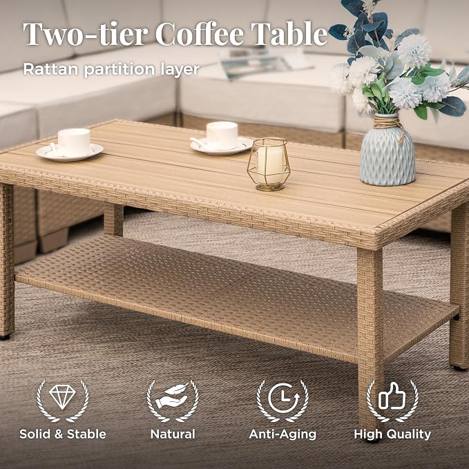 MIXPATIO Patio Furniture Set, 8 Piece Outdoor Rattan Wicker Sectional Conversation Set with 5.5" Thick Waterproof Cushions and Coffee Table