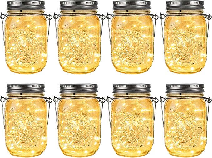GIGALUMI Solar Mason Jar Lights, 8 Pack 30 Led String Fairy Lights | Garden Lights Outdoor Waterproof Metal Lid Hanging Solar Lanterns for Outdoor, Garden, Patio, Lawn, Balcony Decoration
