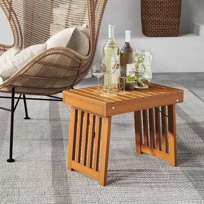 RELAX4LIFE Folding Outdoor Side Table - Acacia Wood Portable Patio End Table w/Slatted Tabletop, Outside Wooden Coffee Table for Backyard Balcony Porch Poolside Garden, Foldable Small Patio Table (1)