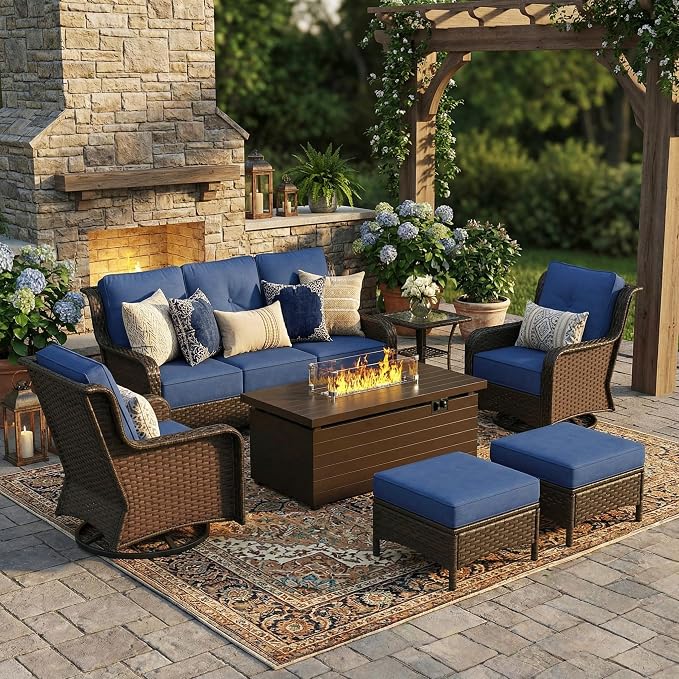 Sundale Outdoor Wicker Patio Furniture Set with Fire Pit, 7 Piece Outdoor Furniture Set with Swivel Chairs, Couch & Ottoman, High Back Patio Conversation Sets with 6" Cushions for Yard, Deck (Blue)