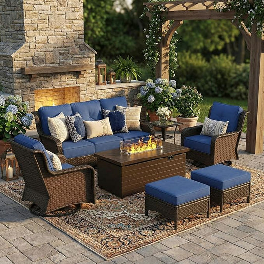 Sundale Outdoor Wicker Patio Furniture Set with Fire Pit, 7 Piece Outdoor Furniture Set with Swivel Chairs, Couch & Ottoman, High Back Patio Conversation Sets with 6" Cushions for Yard, Deck (Blue)