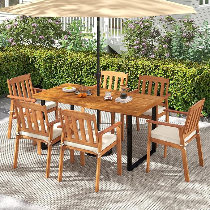 Tangkula 63" Acacia Wood Patio Dining Table for 6 People, Indoor Outdoor Wooden Rectangular Dining Table with Heavy-Duty Metal Legs & 1.97" Umbrella Hole, Patio Dining Table for Deck Garden, Backyard