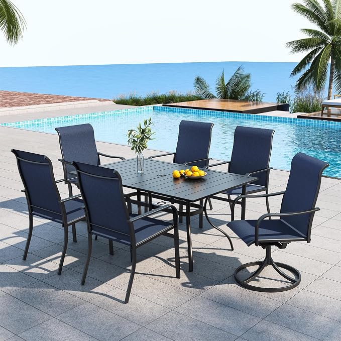 7 Piece Patio 63" Rectangle Table & NavyBlue HighBack Swivel,Dining Chairs | Metal Rectangle Table, 4 High Back Dining Chairs, 2 High Back Swivel Chairs, All Weather, For Tall People, For 6 Person