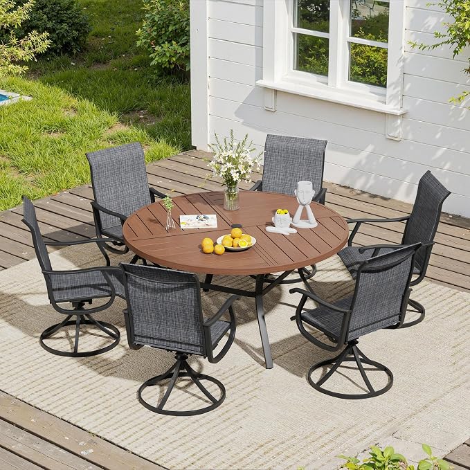 VICLLAX 7 Pieces Patio Dining Set, Patio Furniture Set of 6 Patio Swivel Dining Chairs and 50" Patio Spliced Round Tabletop, Dark Charcoal Chairs & Walnut Tabletop