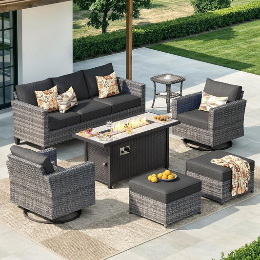 CAODOC 7-Piece Outdoor Wicker Patio Set with 7 Seats, Including 53" Fire Pit - Swivel Rocker Chairs and Conversation Set for Backyard or Lawn, Gray Rattan with Waterproof Black Cushions