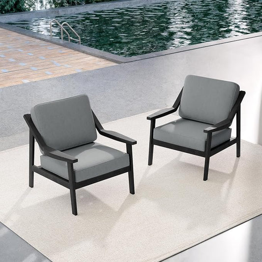 Outdoor Patio Furniture Set, 2 Piece Outdoor Patio Sofa Armchairs with Washable Thick Cushions, All-Weather Solid Wood Patio Bistro Set for Porch, Balcony, Black Frame & Gray Cushion