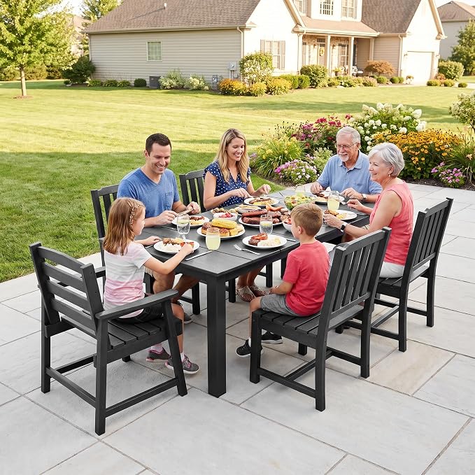 LOUNZY 7 Piece Patio Dining Set for 6, Outdoor Table and Chairs,Black | 75.2” table,6 seat patio dining set, HDPE wood-look, fade resistant and waterproof, low maintenance outdoor furniture
