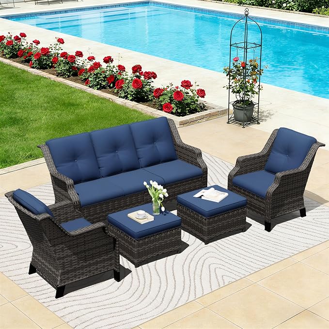 Outdoor Patio Furniture Set, 5 Piece Wicker Patio Furniture with Thick Cushions, Curved Armrest, Deep Seating, Rattan Outdoor Chairs for Porch, Deck, Balcony
